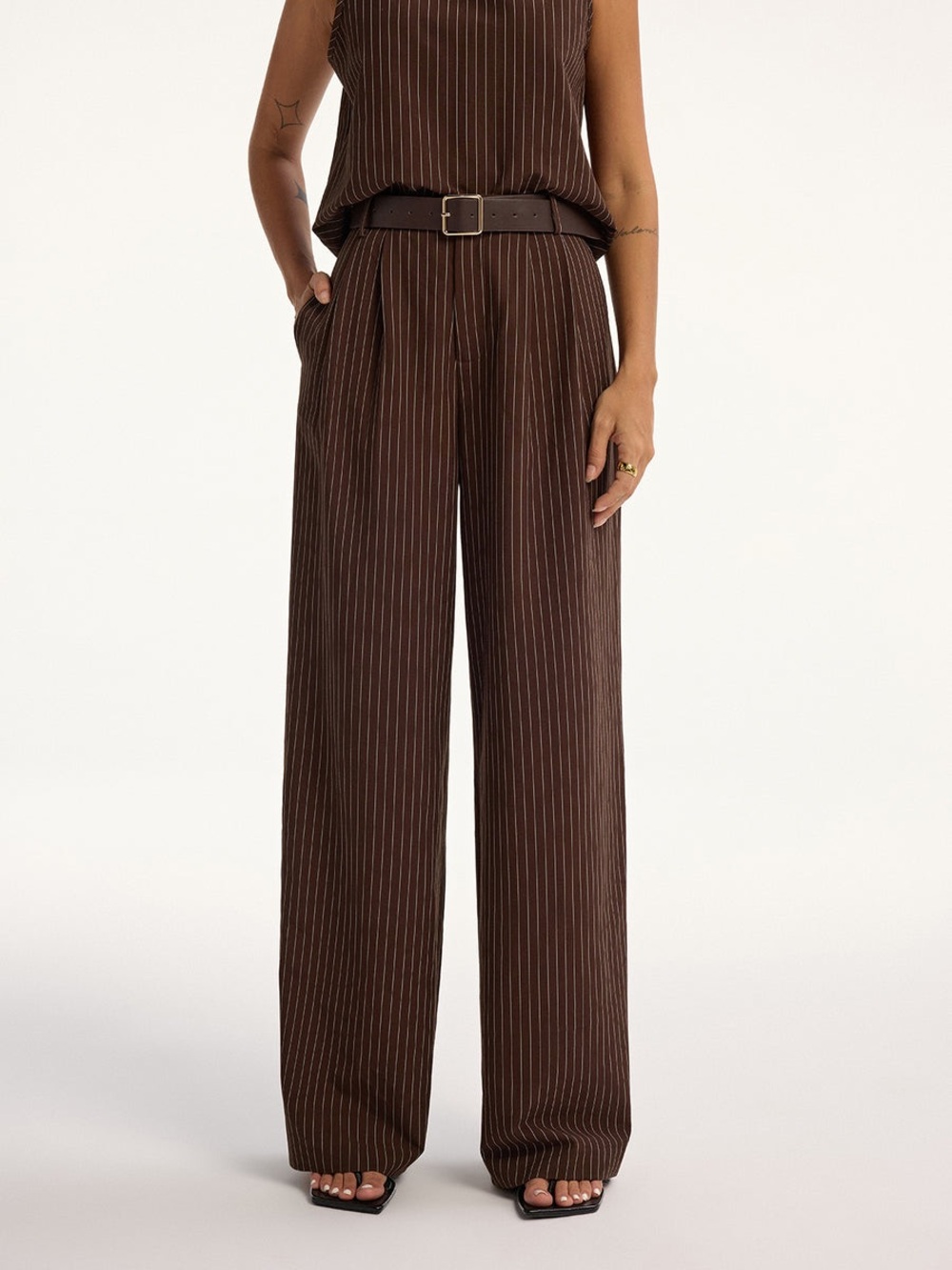 Commense Brown Pinstripe Wide-Leg Jumpsuit - Picture 7 of 14